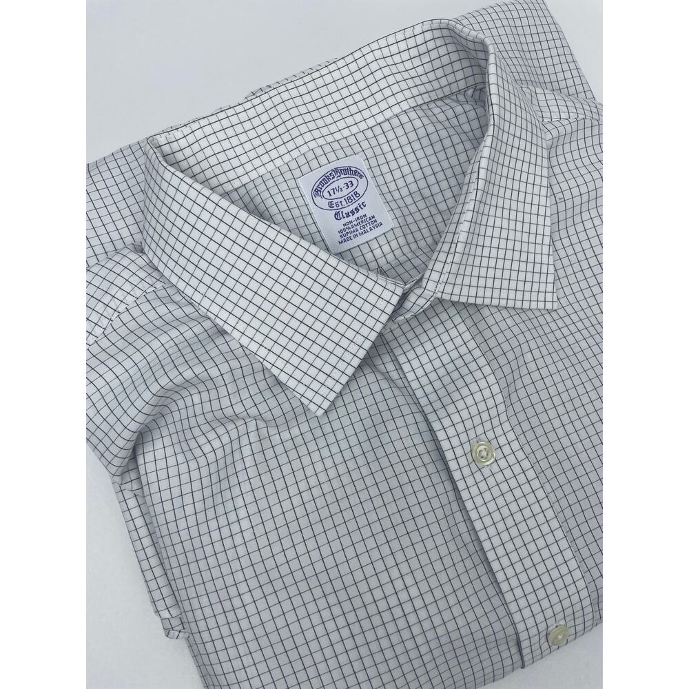 Brooks Brothers Dress Shirt Men’s 17.5 33 Long Sleeve White Checkered Green
